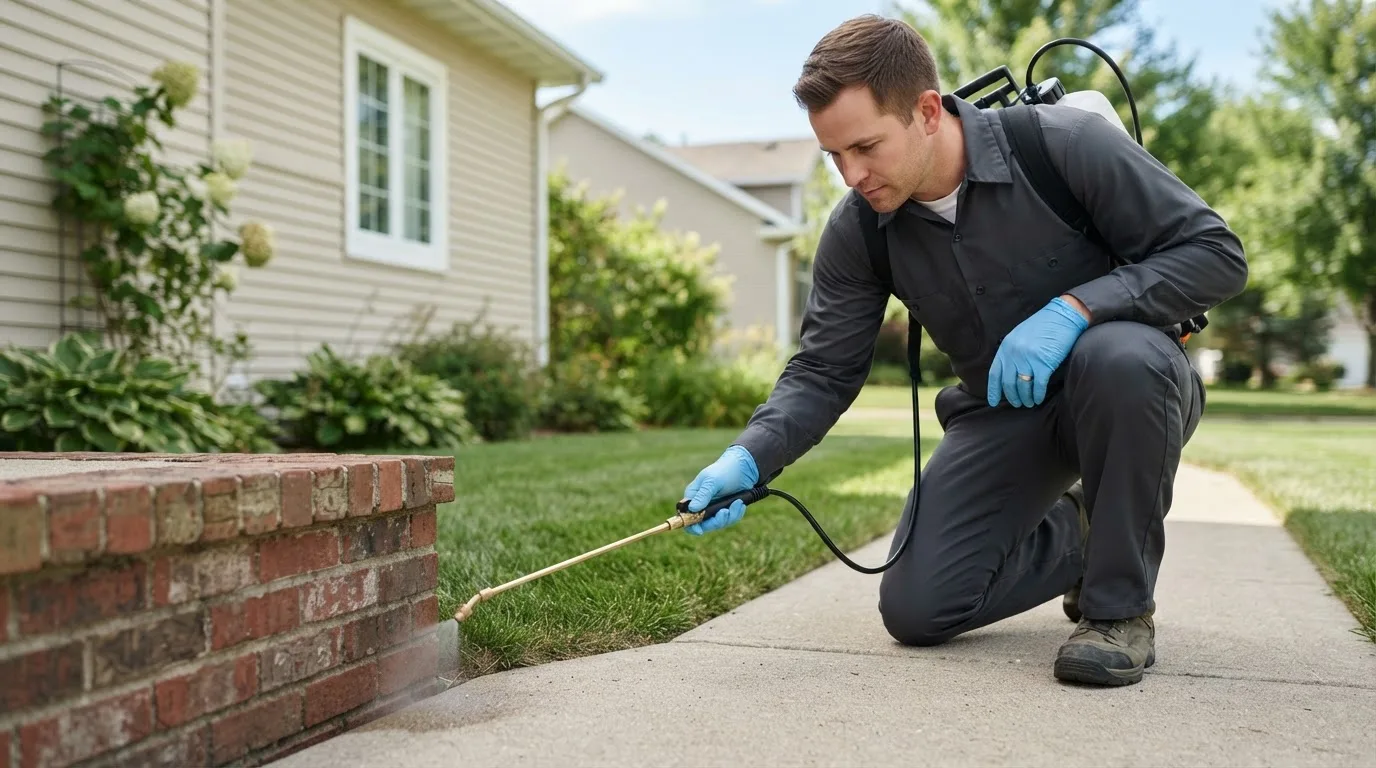Pest control technician treating a home near Haysville, KS